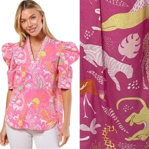 Sheridan French Natalie Blouse Pink Tropical Leopard Lion Tiger Size Small. 16